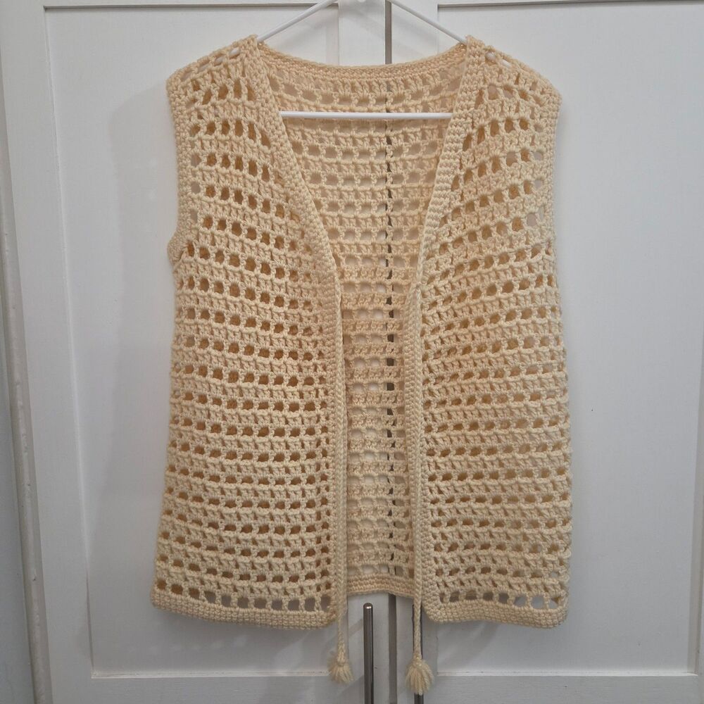Vintage 70s Crochet Vest Cream Boho Handmade Granny Festival Hippie Peasant S/M